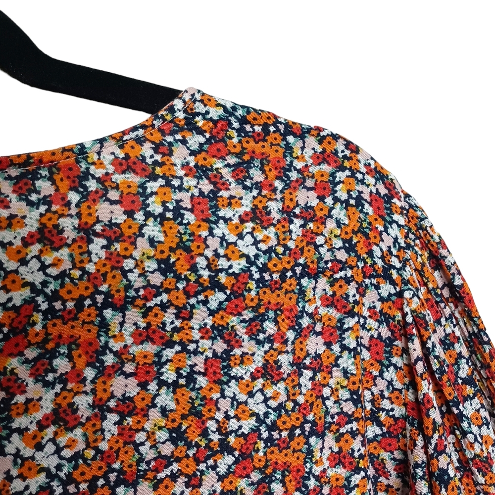 ICHI Orange Red White Colorful Floral Print Short Sleeve V Neck Top Small - Picture 3 of 8